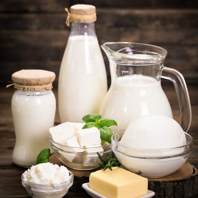 Fresh dairy products on the wooden table